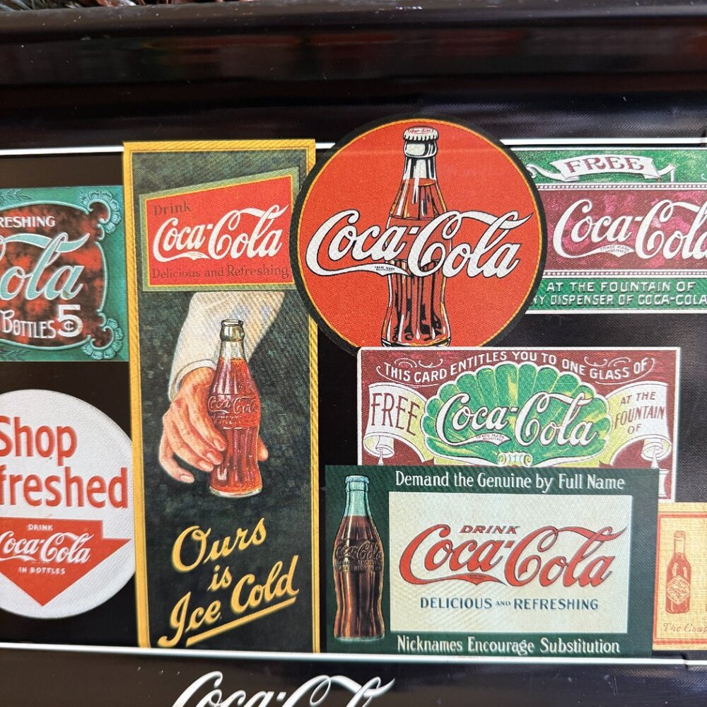 1995 Black Metal Coca Cola Tray Featuring a Collage of Vintage Advertisements - Picture 5 of 13
